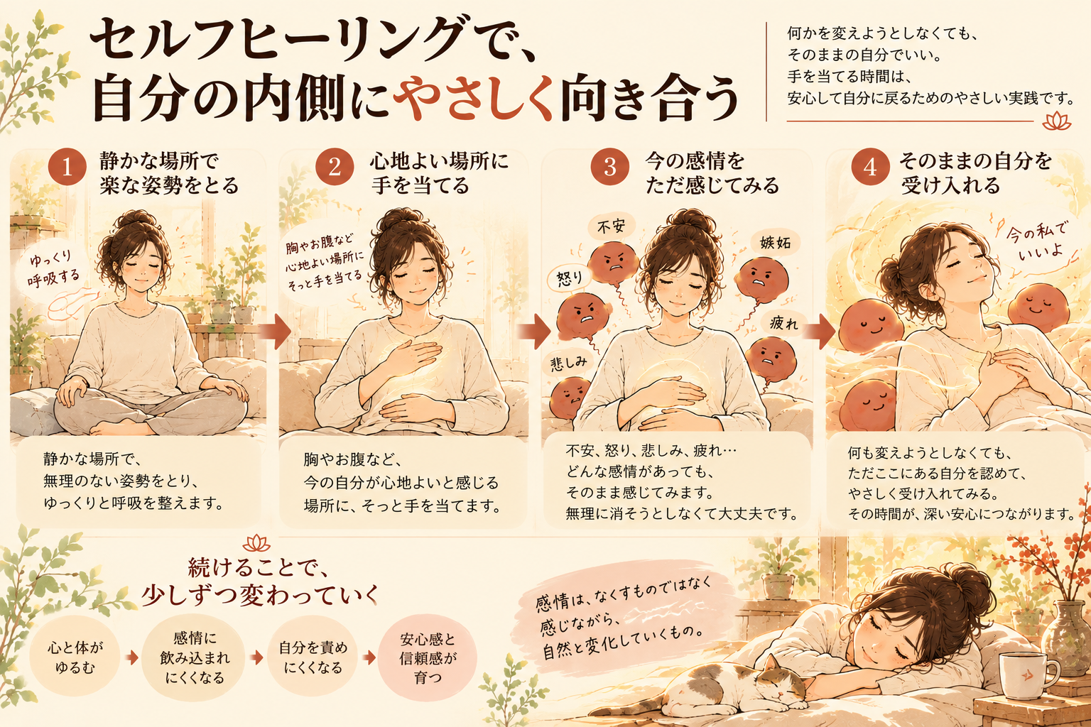 セルフヒーリングの4段階。静かな場所で楽な姿勢をとり、心地よい場所に手を当て、今の感情を感じ、そのままの自分を受け入れる。
