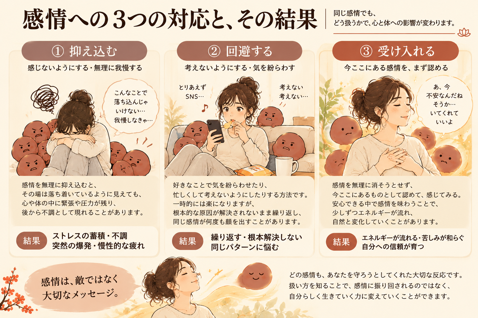 感情への3つの向き合い方。無理に抑え込む、SNSなどで回避する、今ある感情を認めて受け入れる姿を比較した図解。