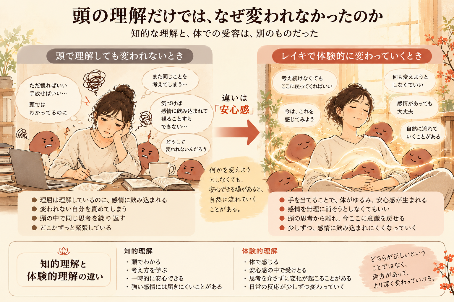 頭で理解しても感情に悩む姿と、レイキで手を当てながら今の自分を受け入れる姿を比較し、安心感の違いを描いた図解。