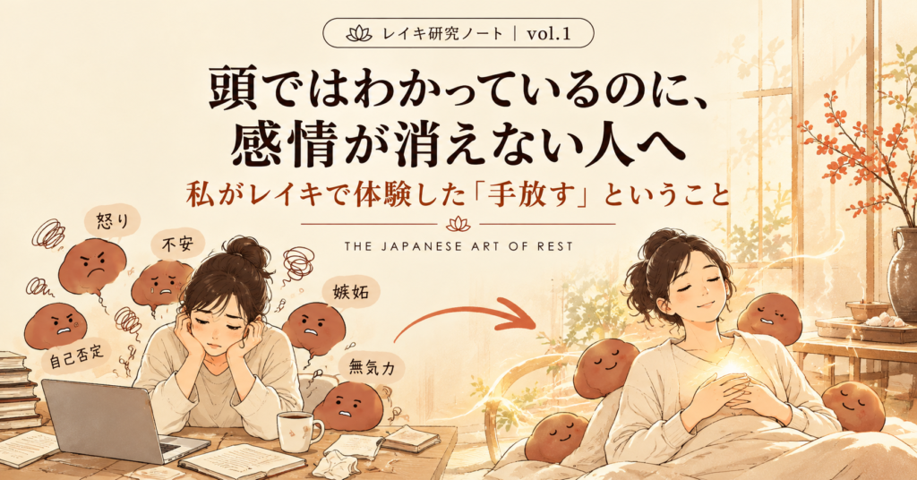 レイキ研究ノート第001号。怒りや不安に悩む女性が、自分に手を当てて穏やかに過ごす姿へ移るイラスト。